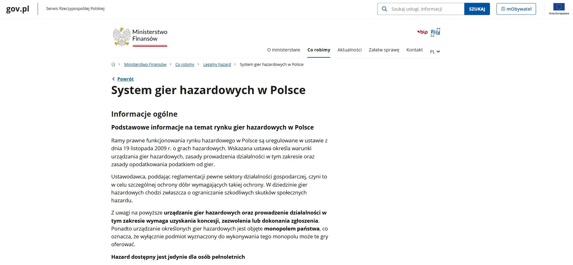 Oficjalna strona Ministerstwa Finansów o systemie gier hazardowych w Polsce