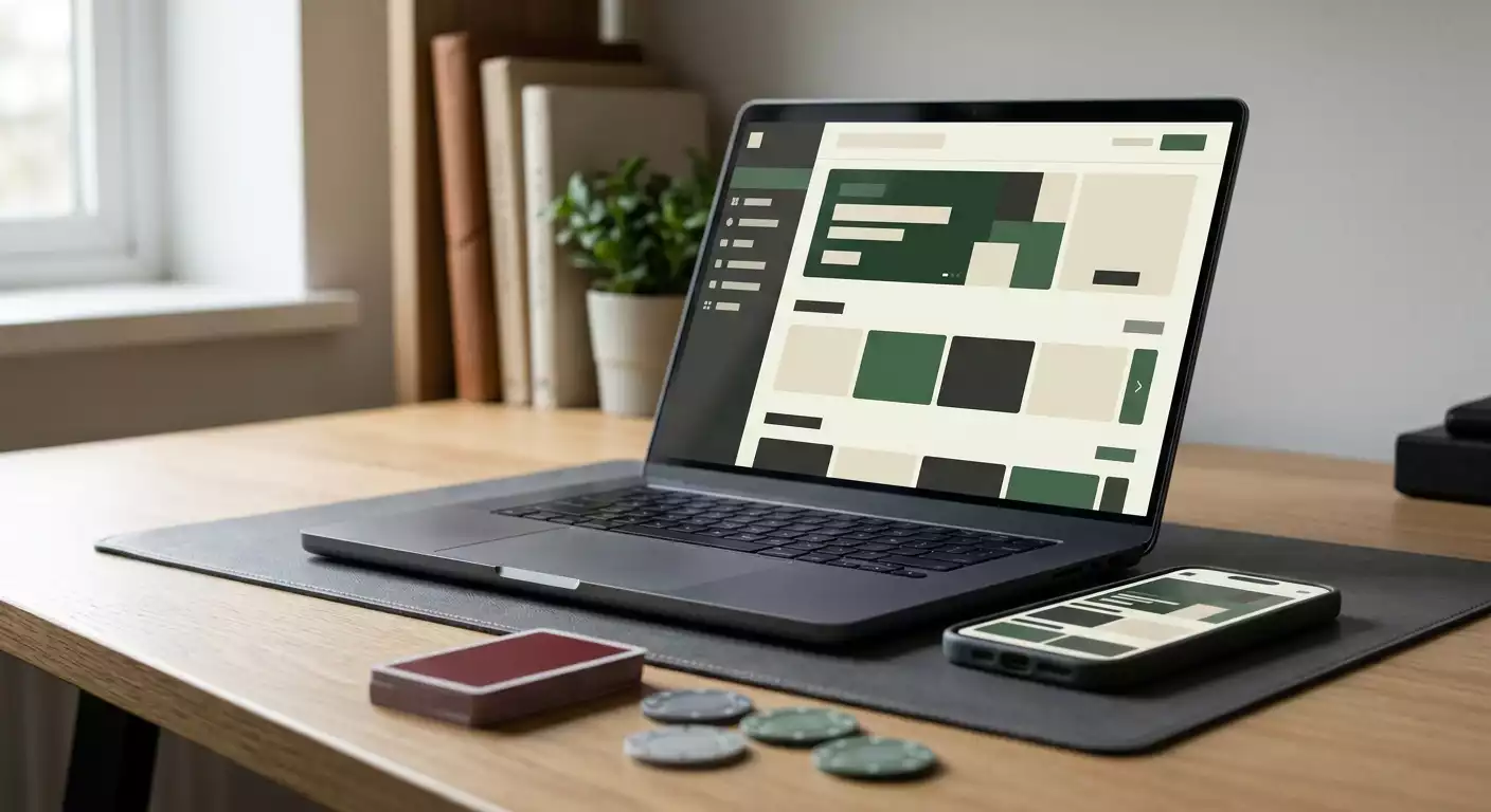 Neutralna ilustracja laptopa i telefonu z abstrakcyjnym interfejsem kasyna online